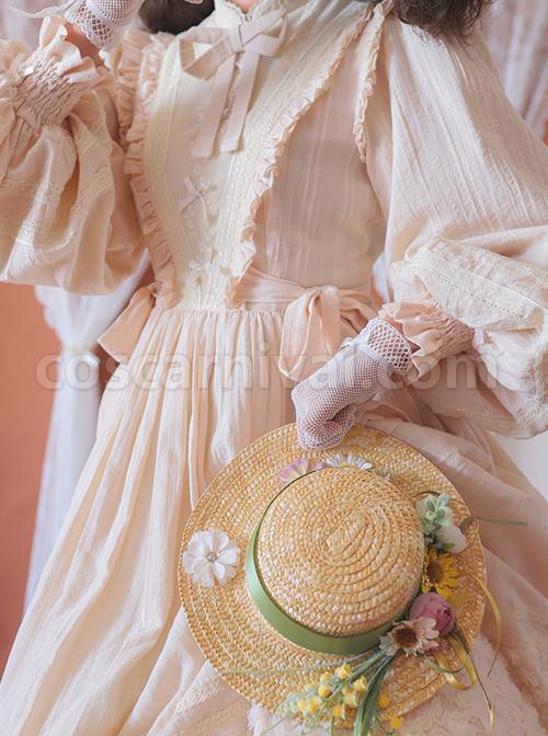 Classic-Lolita-Simple-Jacquard-Lace-Embroidery-Pleated-Ruffle-Pure-Cotton-Bow-Brooch-Decoration-Long-Sleeves-Dress-coscarnival-3198