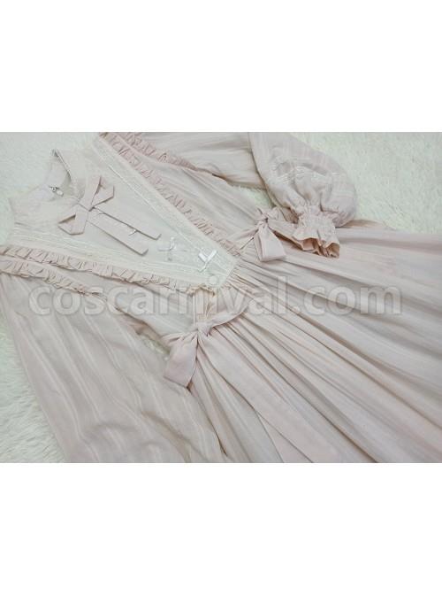Classic-Lolita-Simple-Jacquard-Lace-Embroidery-Pleated-Ruffle-Pure-Cotton-Bow-Brooch-Decoration-Long-Sleeves-Dress-coscarnival-3205