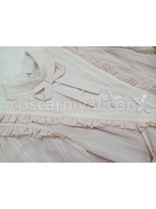 Classic-Lolita-Simple-Jacquard-Lace-Embroidery-Pleated-Ruffle-Pure-Cotton-Bow-Brooch-Decoration-Long-Sleeves-Dress-coscarnival-3209