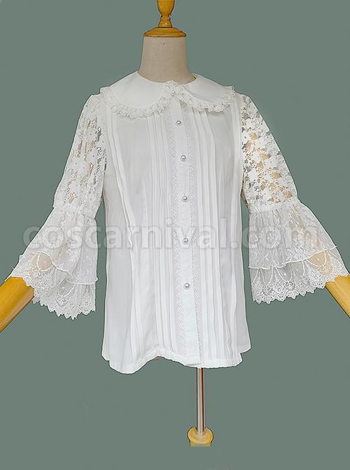Classic Lolita Solid Color Pleated Doll Neckline Elegant Retro Openwork Jacquard Embroidery Trumpet Sleeve Blouse coscarnival