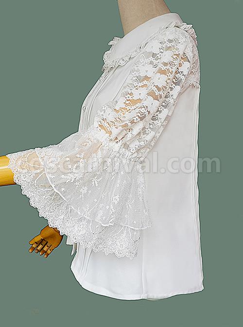 Classic Lolita Solid Color Pleated Doll Neckline Elegant Retro Openwork Jacquard Embroidery Trumpet Sleeve Blouse coscarnival