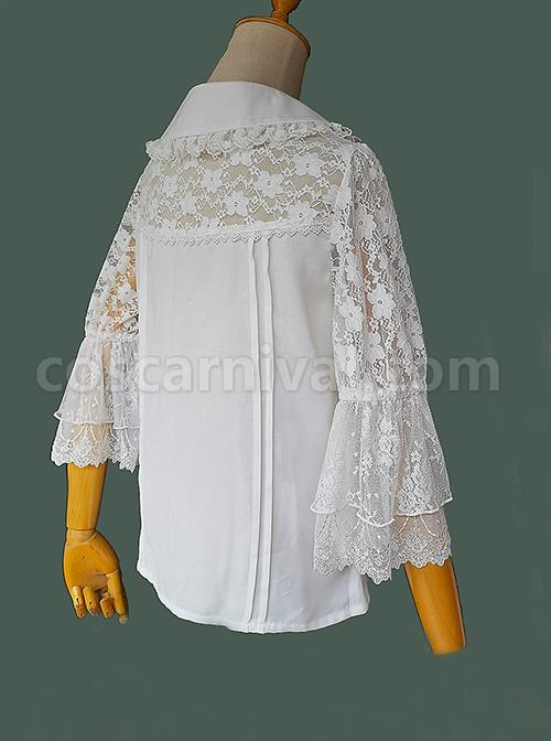 Classic Lolita Solid Color Pleated Doll Neckline Elegant Retro Openwork Jacquard Embroidery Trumpet Sleeve Blouse coscarnival