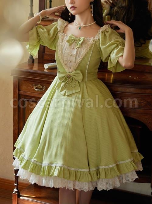 Classic-Lolita-Solid-Color-Vertical-Pattern-Design-Pleated-Ruffle-Neckline-Bow-Knot-Decoration-Short-Sleeve-Dress-coscarnival-1224
