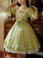 Classic-Lolita-Solid-Color-Vertical-Pattern-Design-Pleated-Ruffle-Neckline-Bow-Knot-Decoration-Short-Sleeve-Dress-coscarnival-1224