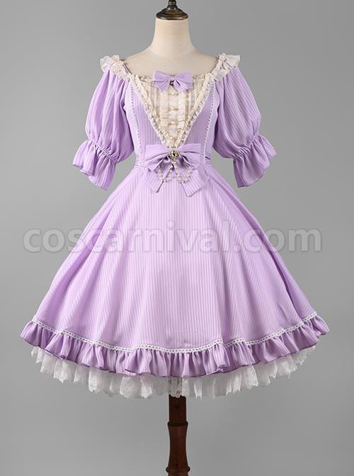 Classic-Lolita-Solid-Color-Vertical-Pattern-Design-Pleated-Ruffle-Neckline-Bow-Knot-Decoration-Short-Sleeve-Dress-coscarnival-1234