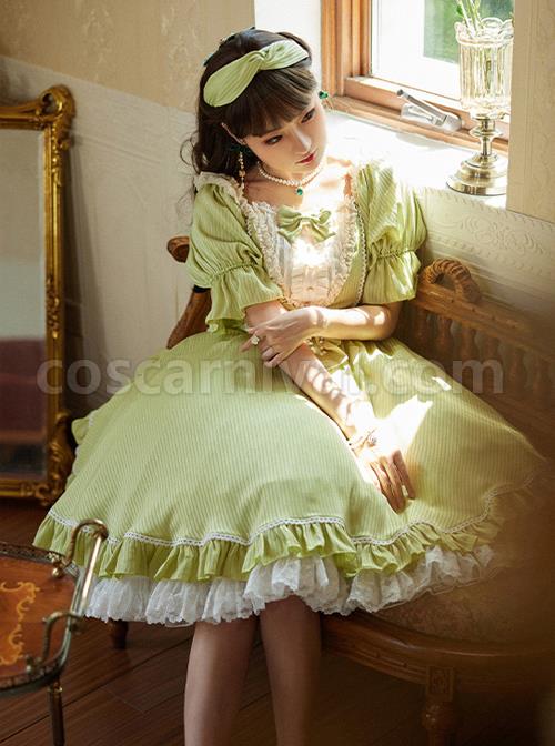 Classic-Lolita-Solid-Color-Vertical-Pattern-Design-Pleated-Ruffle-Neckline-Bow-Knot-Decoration-Short-Sleeve-Dress-coscarnival-1243