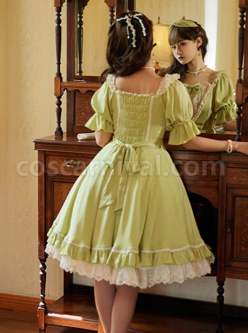 Classic-Lolita-Solid-Color-Vertical-Pattern-Design-Pleated-Ruffle-Neckline-Bow-Knot-Decoration-Short-Sleeve-Dress-coscarnival-1248