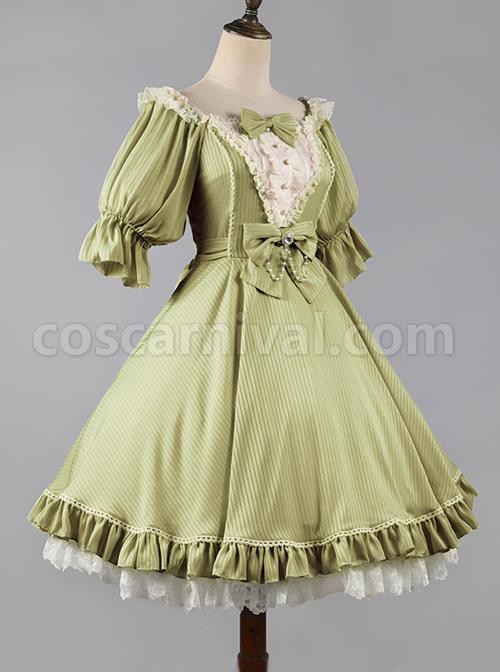 Classic-Lolita-Solid-Color-Vertical-Pattern-Design-Pleated-Ruffle-Neckline-Bow-Knot-Decoration-Short-Sleeve-Dress-coscarnival-1253
