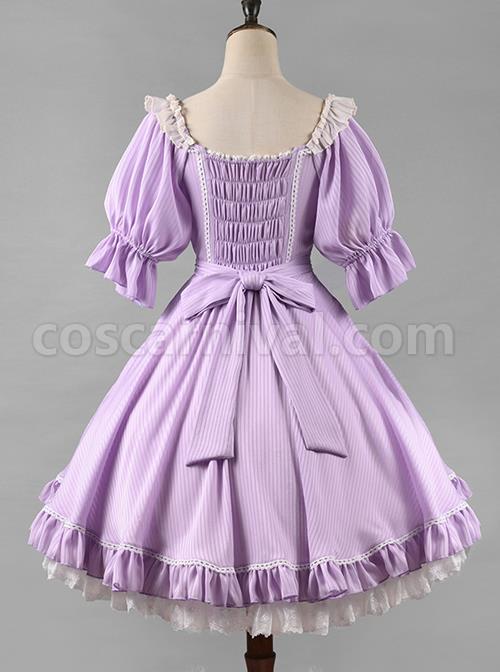 Classic-Lolita-Solid-Color-Vertical-Pattern-Design-Pleated-Ruffle-Neckline-Bow-Knot-Decoration-Short-Sleeve-Dress-coscarnival-1266