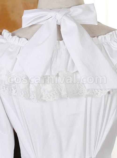 Classic Lolita Solid Pleated Ruffle Jacquard Lace Doll Neckline Halter Design Flared Long Sleeves Slim Blouse coscarnival
