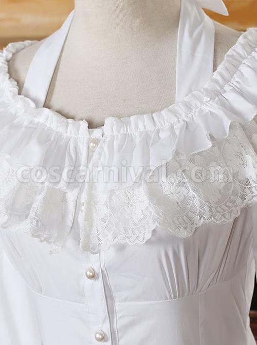 Classic Lolita Solid Pleated Ruffle Jacquard Lace Doll Neckline Halter Design Flared Long Sleeves Slim Blouse coscarnival