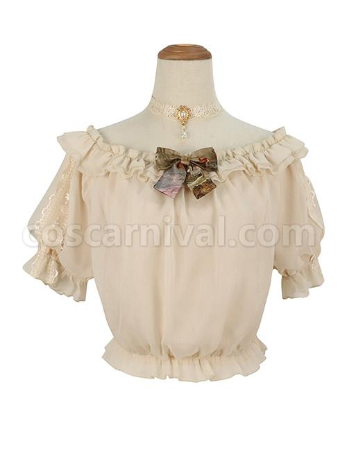 Classic Lolita White Lace Embroidery Ruffles Pleated Off The Shoulder Short Sleeve Shirt coscarnival