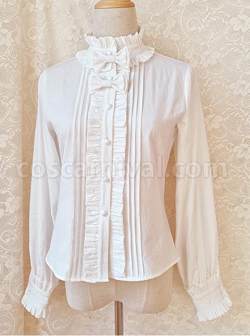 Classic Lolita Pleated Ruffle Stand Collar Bow Knots Decoration Long Sleeves White Shirt coscarnival