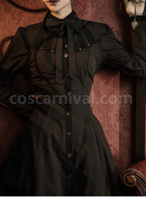 Classic-Vintage-Single-Breasted-Black-Coffee-Pinstripe-Long-Sleeve-Ruffle-A-Type-Gothic-Lolita-Bow-Polo-Neck-Shirt-Dress-coscarnival-3130
