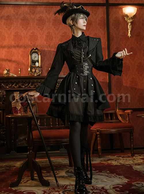 Classic-Vintage-Single-Breasted-Black-Coffee-Pinstripe-Long-Sleeve-Ruffle-A-Type-Gothic-Lolita-Bow-Polo-Neck-Shirt-Dress-coscarnival-3143
