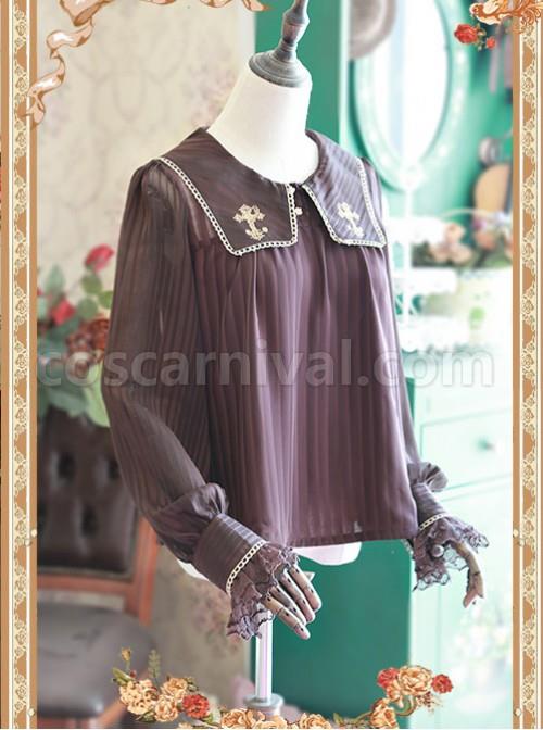 Coffee Color Crucifix Chiffon Embroidery Square Neckline Lolita Long Sleeve Shirt coscarnival
