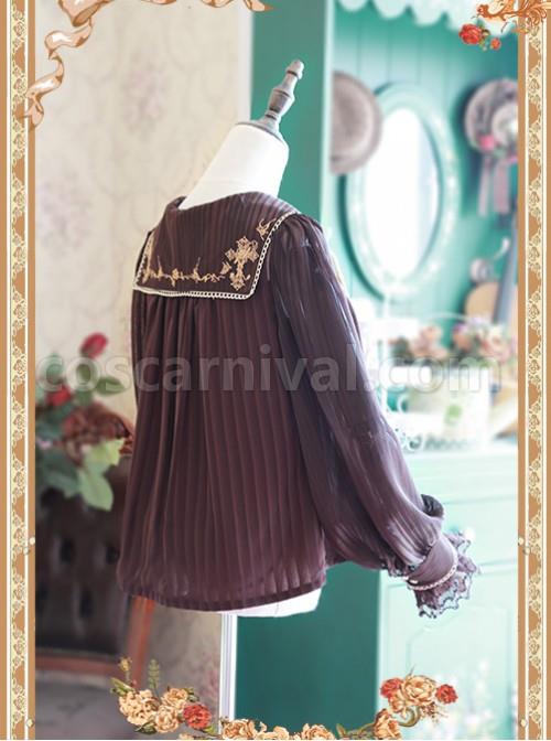 Coffee Color Crucifix Chiffon Embroidery Square Neckline Lolita Long Sleeve Shirt coscarnival