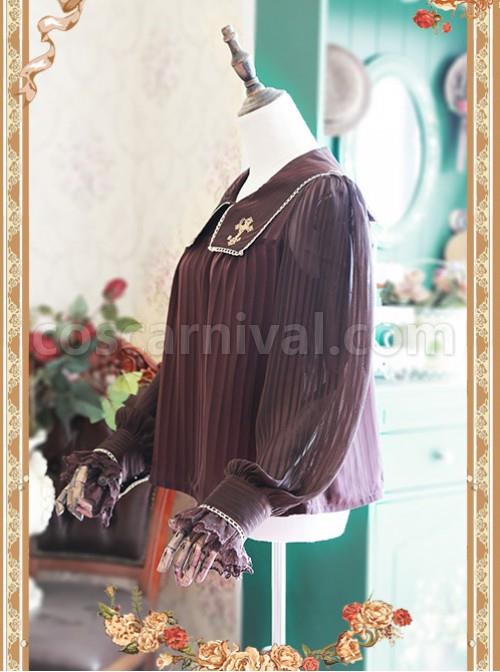 Coffee Color Crucifix Chiffon Embroidery Square Neckline Lolita Long Sleeve Shirt coscarnival