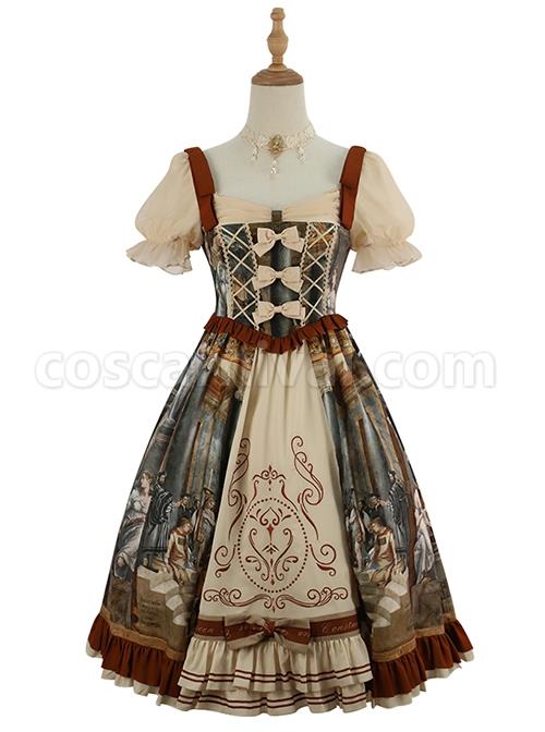 Constantine-Series-OP-Elegant-Vintage-Oil-Painting-Print-Bow-Knots-Decoration-Classic-Lolita-Short-Sleeve-Dress-Set-coscarnival-1361