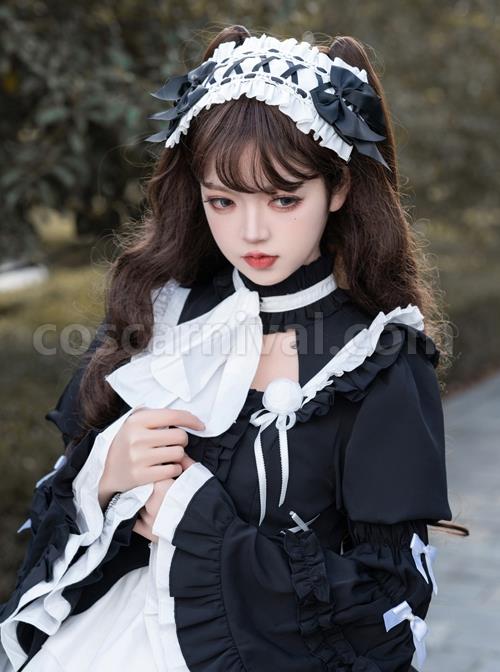 Contract Phantom Night Stone Series Gothic Girl Court Style Black White Detachable Sleeves Gothic Lolita Short-Sleeved Dress coscarnival