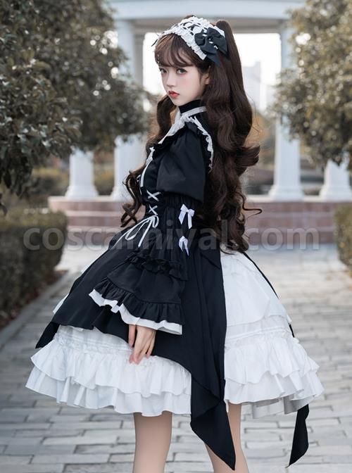 Contract Phantom Night Stone Series Gothic Girl Court Style Black White Detachable Sleeves Gothic Lolita Short-Sleeved Dress coscarnival