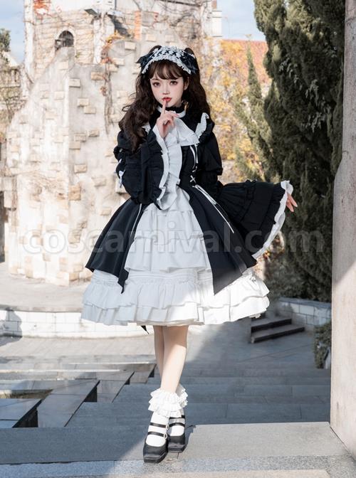 Contract Phantom Night Stone Series Gothic Girl Court Style Black White Detachable Sleeves Gothic Lolita Short-Sleeved Dress coscarnival