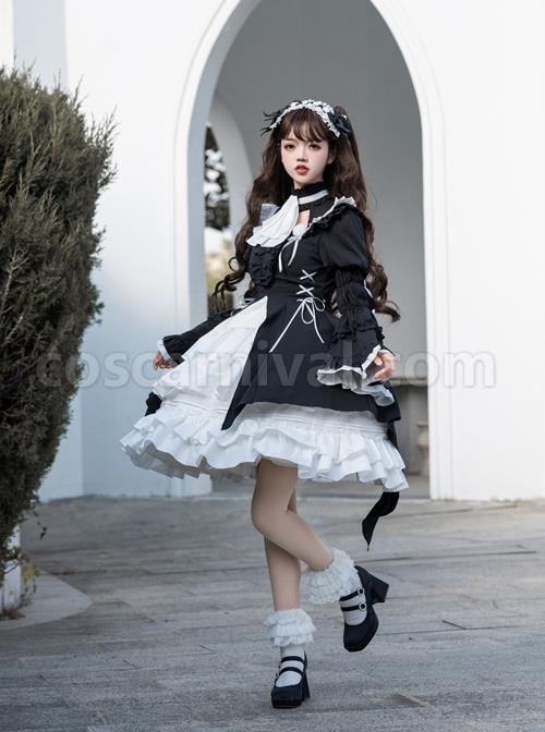 Contract Phantom Night Stone Series Gothic Girl Court Style Black White Detachable Sleeves Gothic Lolita Short-Sleeved Dress coscarnival