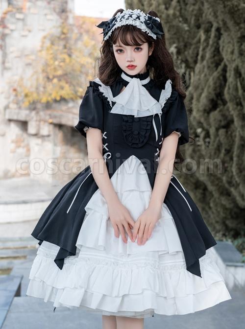 Contract Phantom Night Stone Series Gothic Girl Court Style Black White Detachable Sleeves Gothic Lolita Short-Sleeved Dress coscarnival