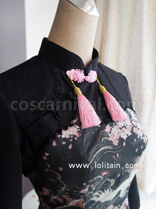 Cotton-Chinese-Style-Printing-Standing-Collar-Tassel-Bowknot-Qi-Lolita-Seventh-Sleeves-Dress-coscarnival-917