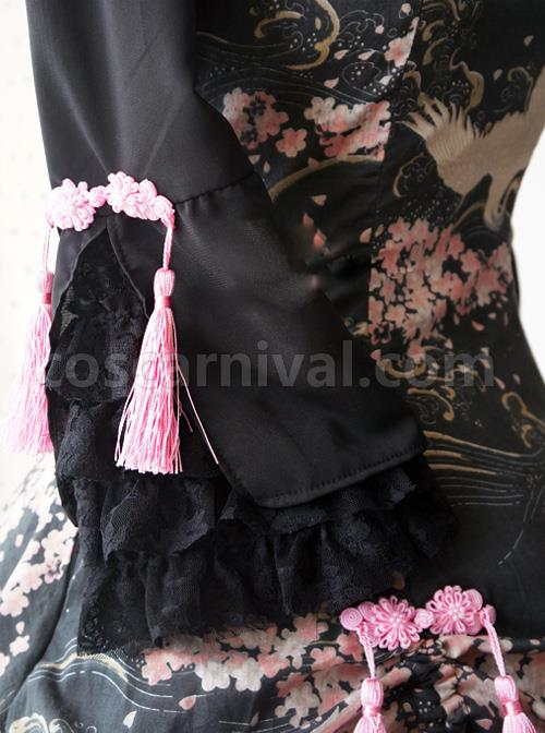 Cotton-Chinese-Style-Printing-Standing-Collar-Tassel-Bowknot-Qi-Lolita-Seventh-Sleeves-Dress-coscarnival-923