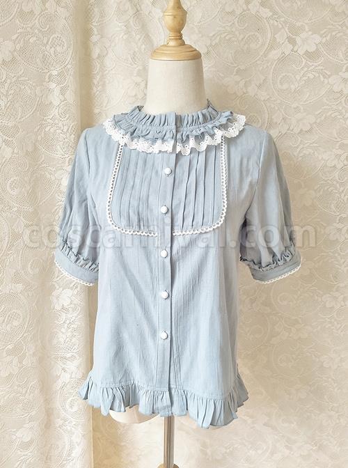 Cotton Ruffle Collar Pure Color Classic Lolita Easy Matching Short Sleeve Shirt coscarnival