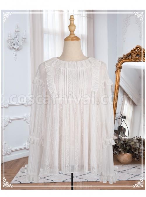 Court Style Elegant Ruffle Collar Elastic Skin-friendly Classic Lolita Pure Color Long Sleeve Shirt coscarnival