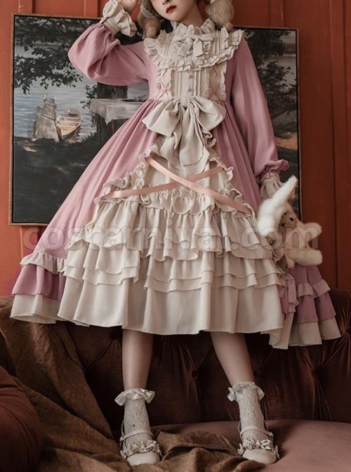 Cream-Tower-Series-OP-Stand-Collar-Ruffle-Big-Hem-Classic-Lolita-Grace-Long-Sleeved-Dress-coscarnival-1324