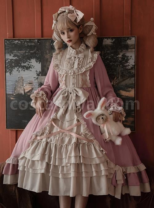 Cream-Tower-Series-OP-Stand-Collar-Ruffle-Big-Hem-Classic-Lolita-Grace-Long-Sleeved-Dress-coscarnival-1334
