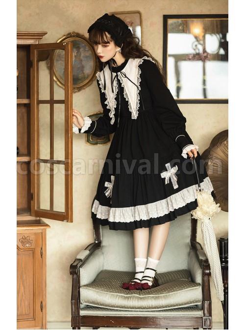 Cross Temple Series OP Pure Color Cotton Halloween Simplicity Gothic Lolita Black Long Sleeve Dress coscarnival