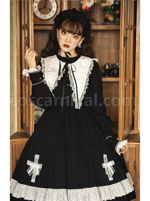 Cross Temple Series OP Pure Color Cotton Halloween Simplicity Gothic Lolita Black Long Sleeve Dress coscarnival