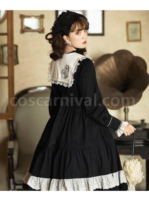 Cross Temple Series OP Pure Color Cotton Halloween Simplicity Gothic Lolita Black Long Sleeve Dress coscarnival