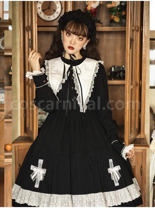 Cross Temple Series OP Pure Color Cotton Halloween Simplicity Gothic Lolita Black Long Sleeve Dress coscarnival