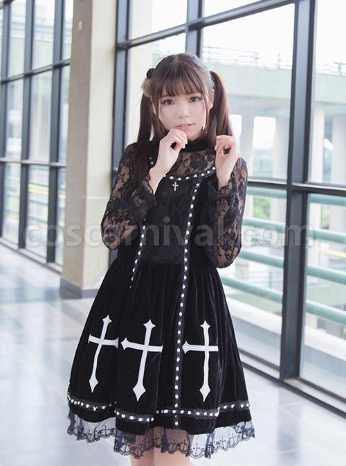 Crucifix Embroidery Lace Velvet Retro Gothic Lolita Dress coscarnival