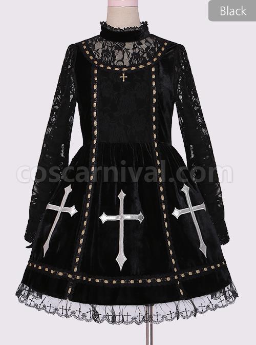 Crucifix Embroidery Lace Velvet Retro Gothic Lolita Dress coscarnival