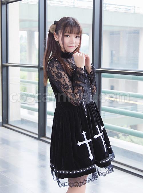 Crucifix Embroidery Lace Velvet Retro Gothic Lolita Dress coscarnival