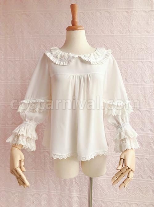 Cute Chiffon Ruffle Doll Collar Lolita Nine Quarter Sleeve Shirt coscarnival