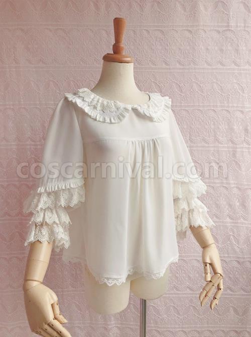 Cute Chiffon Ruffle Doll Collar Lolita Nine Quarter Sleeve Shirt coscarnival