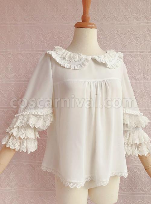 Cute Chiffon Ruffle Doll Collar Lolita Nine Quarter Sleeve Shirt coscarnival