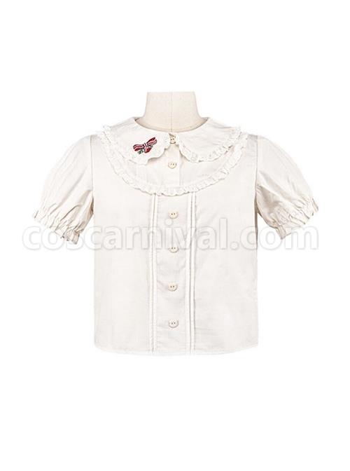 Cute Doll Collar Ruffle Puff Sleeves Sweet Lolita Simple Short Sleeve Shirt coscarnival