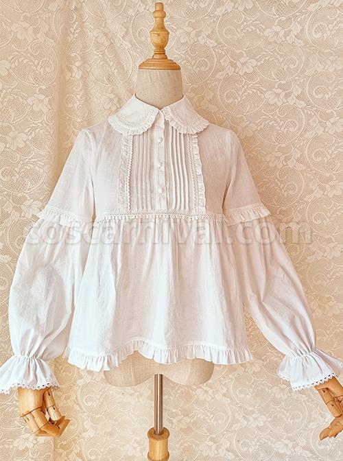 Cute Doll Neckline Hem Pleated Ruffle Simple White Cotton Classic Lolita Thickened Long Sleeve Shirt coscarnival