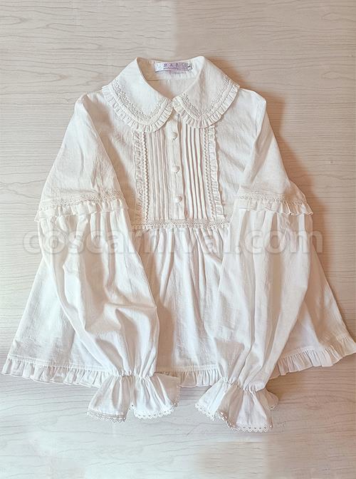 Cute Doll Neckline Hem Pleated Ruffle Simple White Cotton Classic Lolita Thickened Long Sleeve Shirt coscarnival