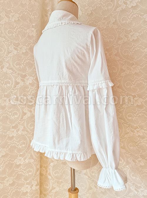 Cute Doll Neckline Hem Pleated Ruffle Simple White Cotton Classic Lolita Thickened Long Sleeve Shirt coscarnival