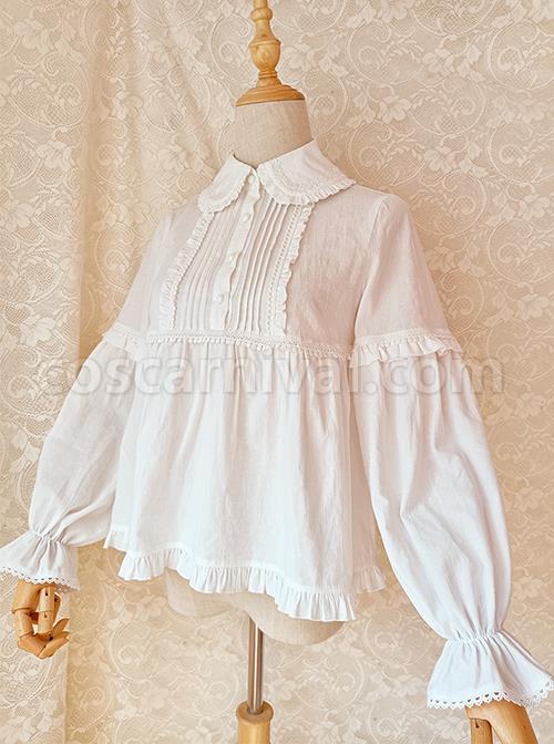 Cute Doll Neckline Hem Pleated Ruffle Simple White Cotton Classic Lolita Thickened Long Sleeve Shirt coscarnival