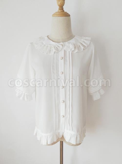 Cute Lace Doll Collar Ruffle Trim Lantern Sleeve Chiffon Classic Lolita Short Sleeve Shirt coscarnival